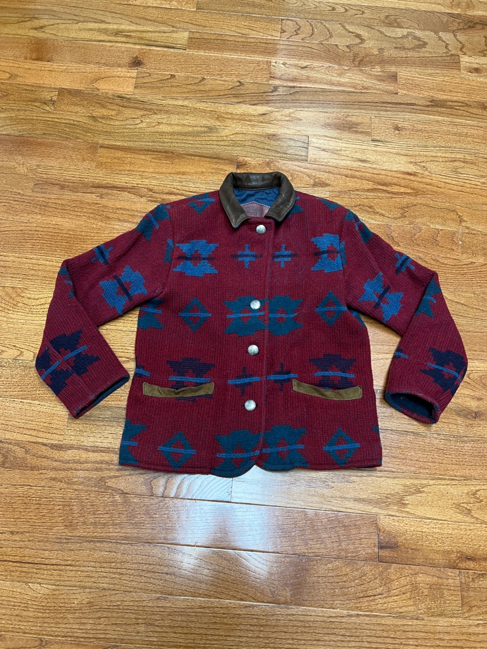 Woolrich Women’s Aztec Pattern Wool-Blend Jacket with Leather Trim
